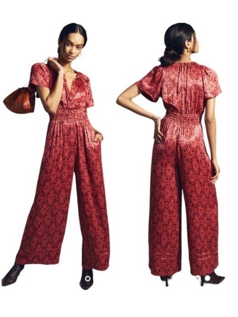 Anthropologie Smocked Wide Leg Jumpsuit M Rust Red Printed Pockets